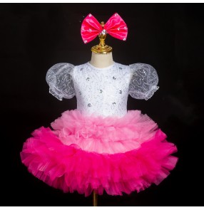 Girls kids pink with white tutu skirt jazz princess dress choir kindergarten chorus dancers performance outfits for Baby